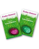 Einzelnes Nougat Ei in Alufolie gewickelt auf individuelle Werbekarte geklebt zu Ostern Werbegeschenk
