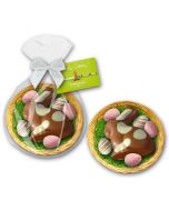 Trüffel Osternest als Werbeartikel im Beutel mit individuell bedruckbarer Karte als Anhänger