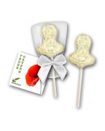 Weiße Schokolade mit Mohneinstreuung als besondere Geste zu Ostern mit bedruckter Karte