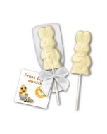 Weiße Schokolade in Osterhasen-Form als Lolly Werbegeschenk zu Ostern verteilen