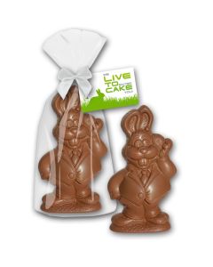 Smarter Hase als Business Bunny: mit bedruckter Karte als Firmen-Oster-Werbegeschenk.