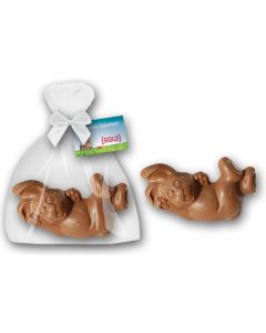 Schokohase als witziges Osterpräsent im Beutelchen mit bedruckter Karte.