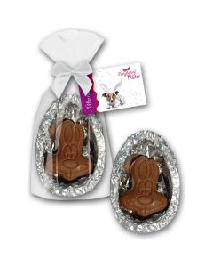 Alufolie Ei mit darinliegendem Schoko-Hasenkopf als Werbegeschenk Ostern