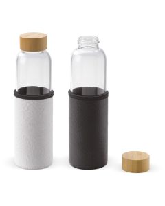 Wasserflasche aus Glas mit Holzdeckel und Hülle 550 ml (ab 50 Stück)
