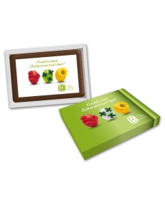 Schokoladen überzogenes Gebäck im individuell bedruckbaren Karton zu Ostern als Werbegeschenk verteilen