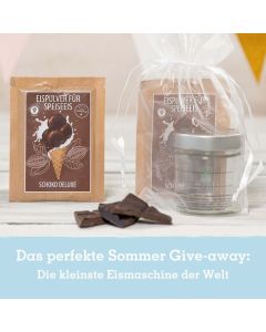 Eismixglas und Portionsbeutel Eispulver im Geschenksäckchen