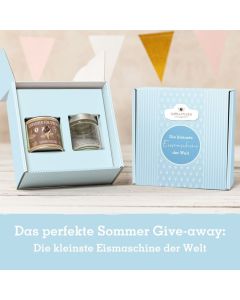 Eismixglas und Eispulver im bedruckten Geschenkkarton