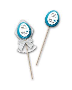 Lolly in Eierform aus Gebäck mit bedrucktem Logo auf Marzipan