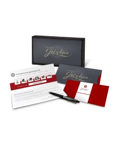 Geschenkgutschein Rot in Holzkiste, große Auswahl an Präsenten, Lifestyle- und Wellnessprodukten, Kategorie 10 €