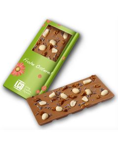 Ostern Schokotafel mit individueller Einstreuung als Werbeartikel im bedruckten Karton