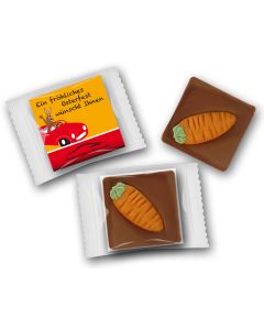 Schoko Mini zu Ostern mit Möhrchen auf Karte in Plastik eingeschweißt als Werbegeschenk zu Ostern