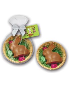 Osternest Schokohase als Werbeartikel im Beutel mit individuell bedruckbarer Karte als Anhänger
