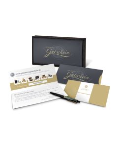 Geschenkgutschein Gold in Holzkiste, große Auswahl an Präsenten, Lifestyle- und Wellnessprodukten, Kategorie 35 €