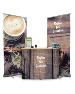 Messe Set bedrucken: bestehend aus Messetheke und zwei Roll Up Bannerdisplays zum Bestpreis