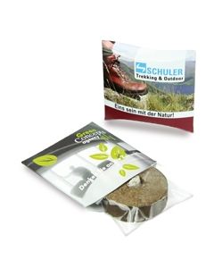 Die Kissenverpackung mit Pflanztab ist klein und handlich - und schnell als Werbeartikel überreicht.
