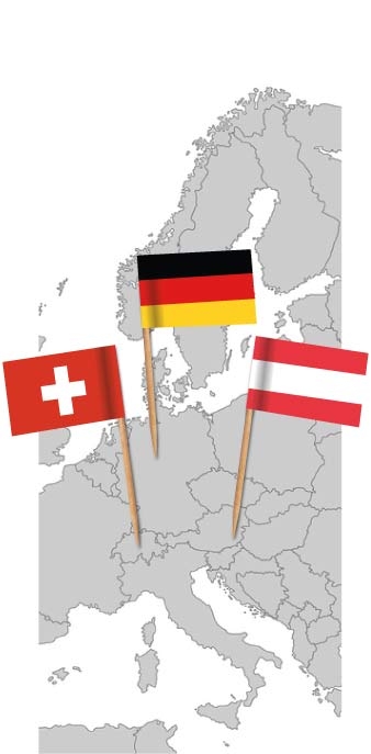 Europakarte mit Flaggenpickern Deutschland, Schweiz, Österreich