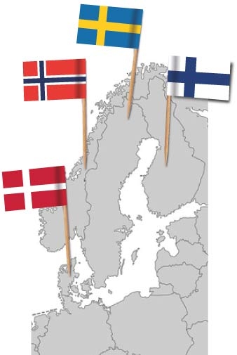 Europakarte mit Flaggenpickern Schweden, Finnland, Norwegen und Dänemark